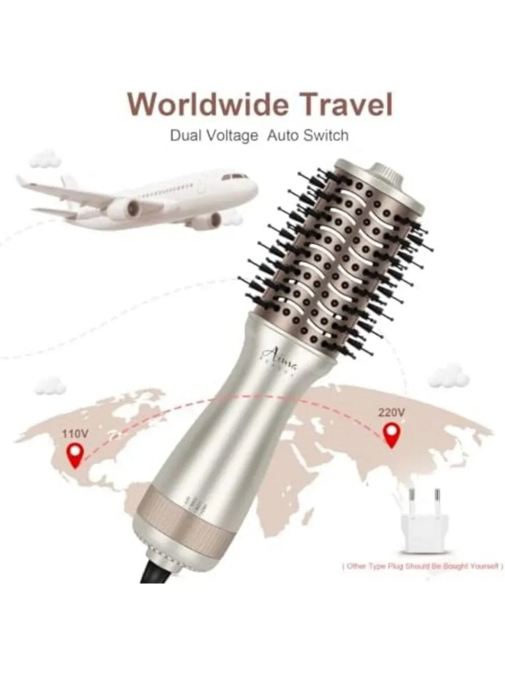Compact Dual Voltage Hair Dryer Brush with Cool Shot - Hot Air Styling Tool